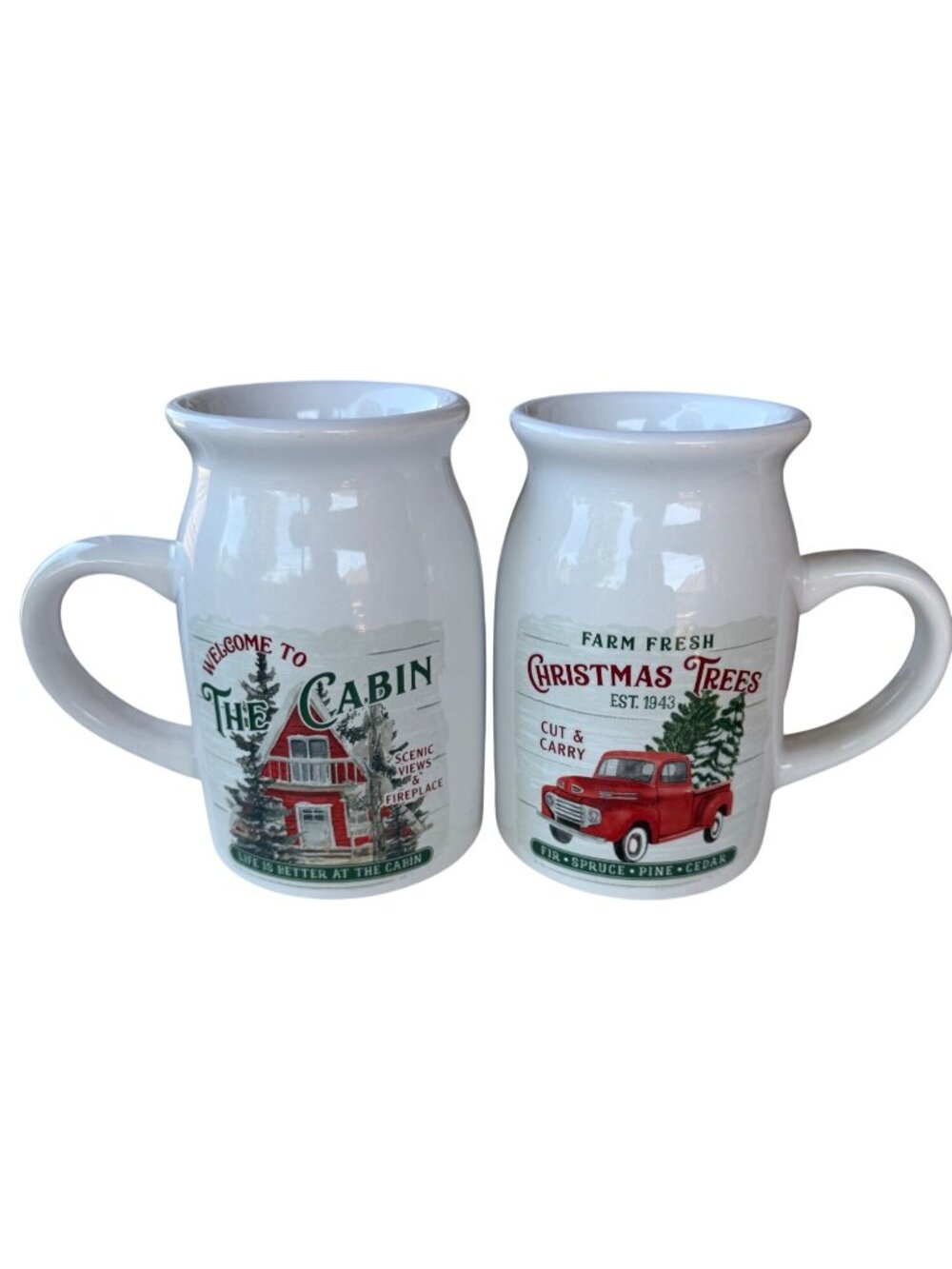 Set of 2 Christmas Tree & The Cabin Themes Ceramic Jug-Shaped 16 oz. Mugs 5"Tall